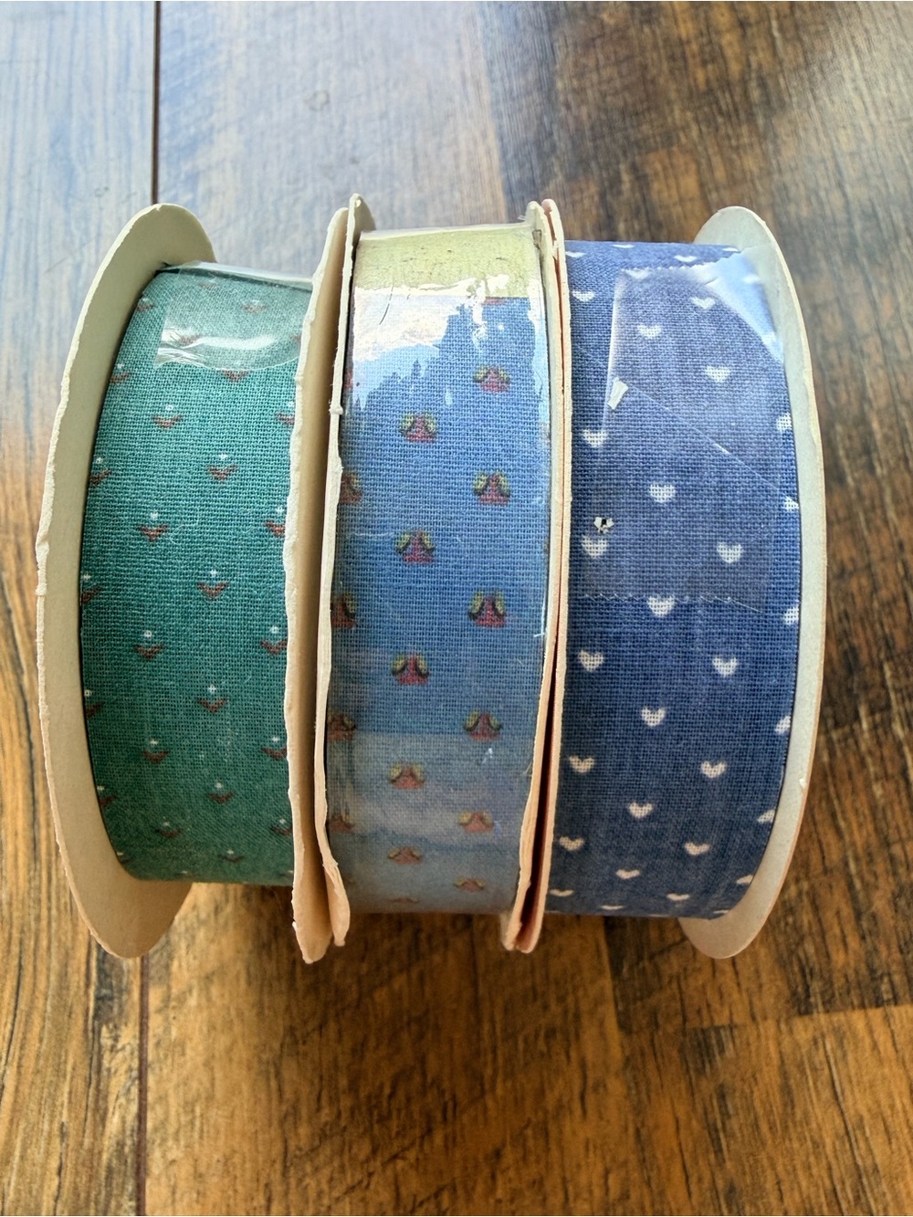 Vtg 80s Country‎ Cottagecore Fabric Ribbon Lot 3 Spools Hearts Floral Teal Blue